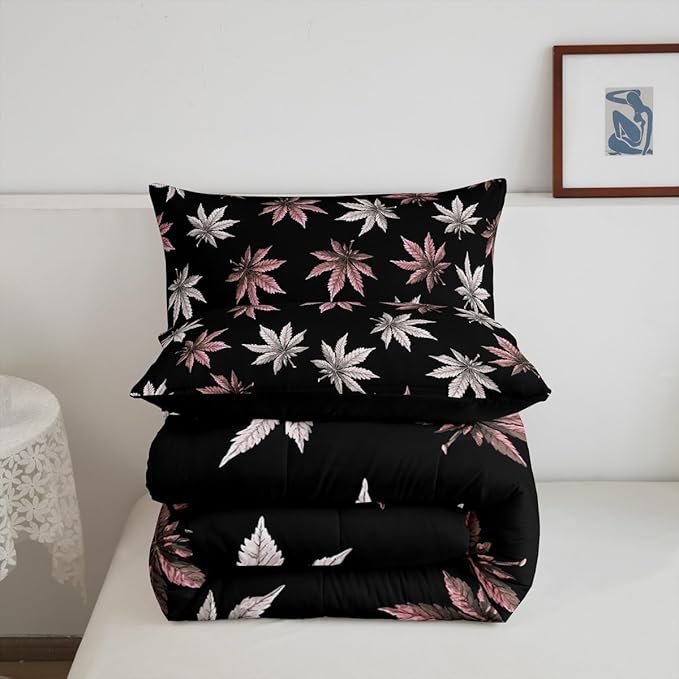 Erosebridal Pink Leaves Comforter Set Full, Leaves Bedding for Kids Boys Girls,Tropical Botanical Bedding Comforter Sets,Exotic Plant Down Comforter,Luxury Soft