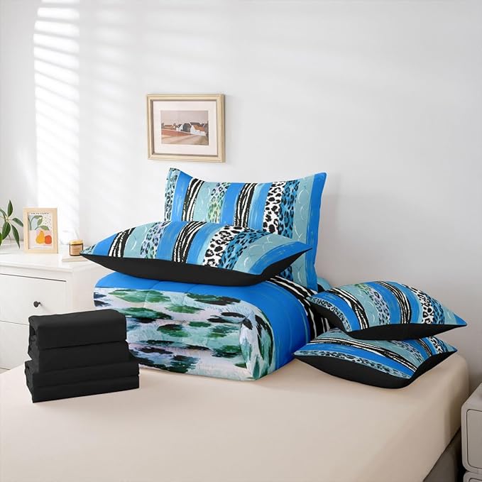 Erosebridal White Blue Animal Skin Pattern Geometric Comforter Set Queen Size 7 Pieces | Leopard Print Stripe Bed in A Bag Women Men Adults Bed Set Cheetah Fur Bedding