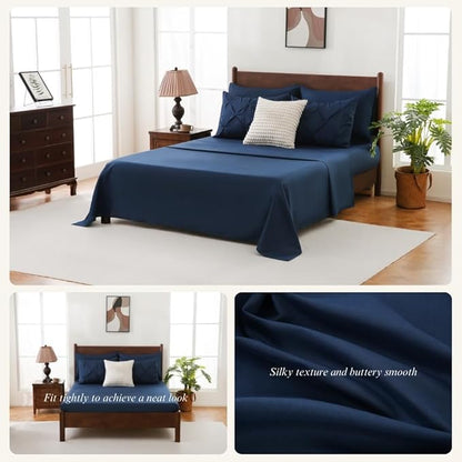 Sheet&Joy Queen Comforter Set, 7-Piece Bed in a Bag, Pintuck Bedding Sets for All Season, Includes Comforter, Flat Sheet, Fitted Sheet, Pillowcases and Pillowshams, Navy Blue