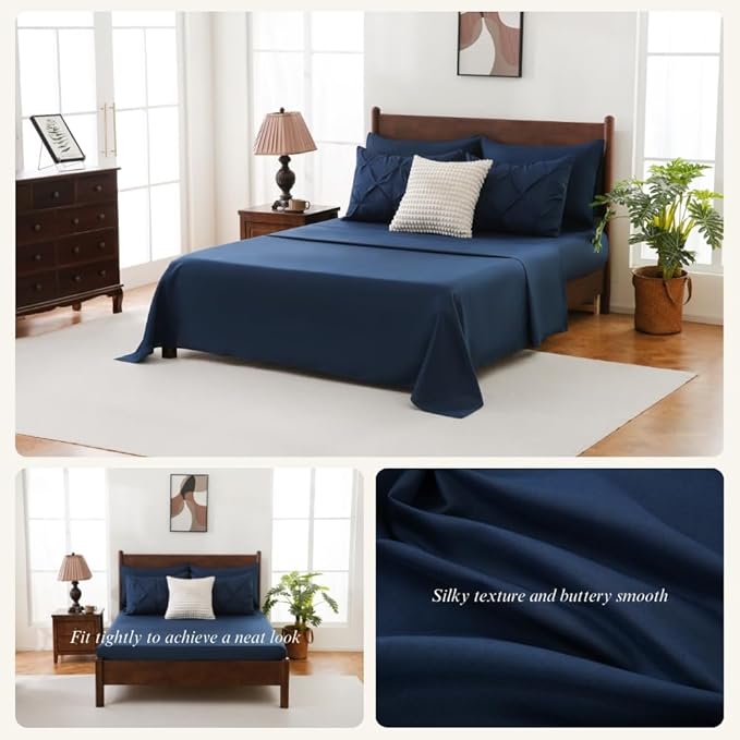 Sheet&Joy King Size Comforter Set, 7-Piece Bed in a Bag, Pintuck Bedding Set for All Season, Includes Comforter, Flat Sheet, Fitted Sheet, Pillowcases and Pillowshams, Navy Blue