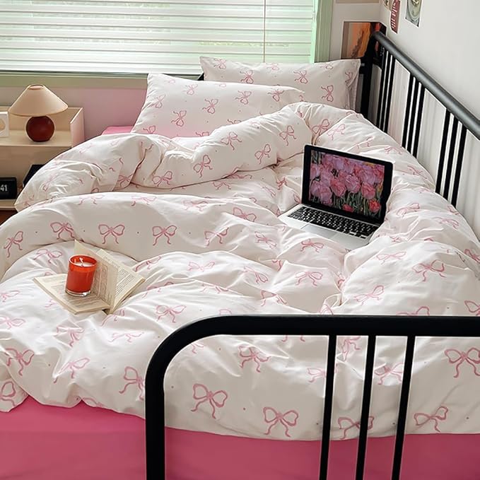 Nayoroom Pink Bow Comforter Set Full Size Polka Dot Bowknot Printed Cute Comforter 3 Pieces Soft Lightweight Kids Girls Dorm Bedding Set for All Seasons