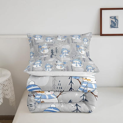 Cartoon Snowman Kids Comforter Set Full Size,Merry Christmas Bedding Set 3Pcs Xmas Tree Snowflake Print Quilt Set for Girls Boys Teens Room Decor Blue Grey White Duvet Insert,2 Pillowcases