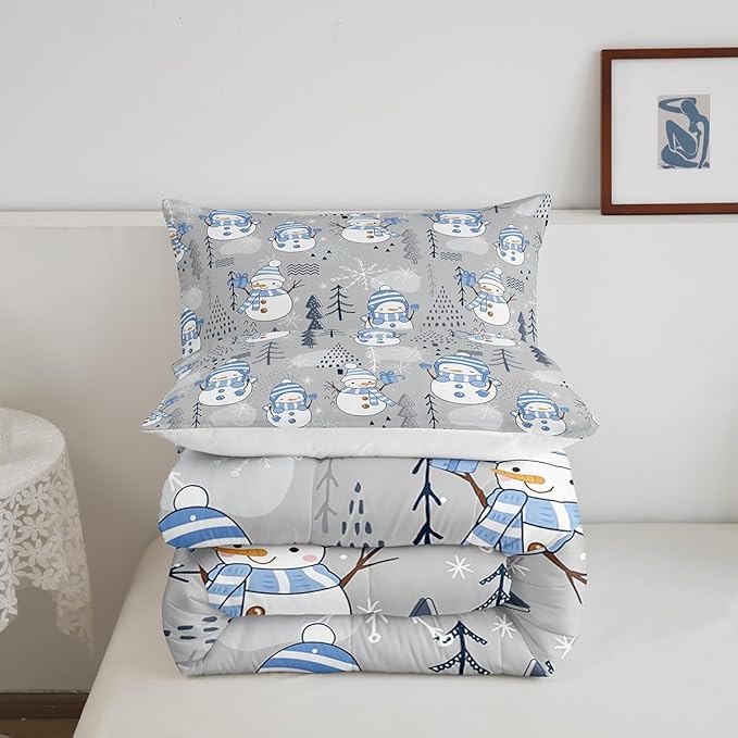 Cartoon Snowman Kids Comforter Set Queen Size,Merry Christmas Bedding Set 3Pcs Xmas Tree Snowflake Print Quilt Set for Girls Boys Teens Room Decor Blue Grey White Duvet Insert,2 Pillowcases