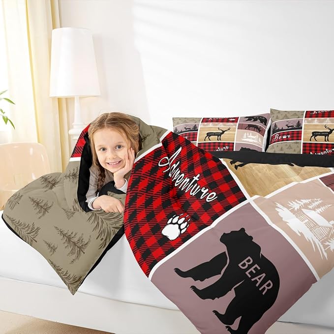 Rustic Farmhouse Bedding Set Full,Vintage Cabin Lodge Comforter Set For Kids Girls Teens Bedroom Decor,Woodland Bear Deer Quilt Western Cowboy Grid Claw Bedding Comforter Sets Cabin Gifts For Women