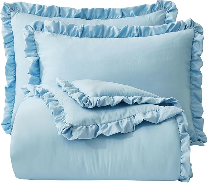 Chezmoi Collection Nora Chambray Blue Comforter Set Oversized Queen Size 3-Piece Fluffy Soft Lightweight Bedding Ruffled Edge Trim Stone-Washed Microfiber Comforter Set for All Season
