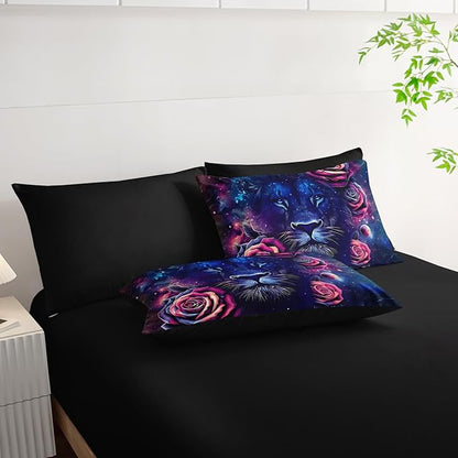 7 Pieces Lion Comforter Set Full，Rose Bedding Set Full,Animal Bedroom Decor (1 Comforter, 1 Flat Sheet, 1 Fitted Sheet, 2 Pillowcase and 2 Pillow Sham)