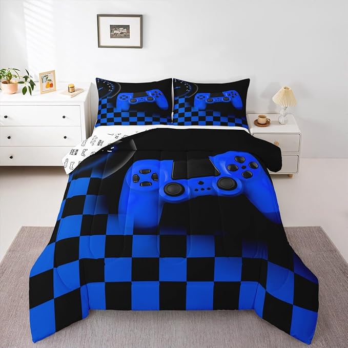 Erosebridal Gamer Bedding Set for Boys&Girls,Blue Buffalo Plaid Check Gaming Comforter Set King Size Gamer Room Decor Gift,Gamepad Alternative Duvet Insert,Gamer Quilt Set with 2 Pillowcases Soft