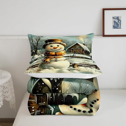 Cute Snowman Comforter Set Twin Size,Rustic Wooden Cabin Bedding Set 2Pcs for Kids Girls Boys Adult Room Decor,Vintage Style Winter Quilt Set Merry Christmas Duvet Insert,1 Pillowcase