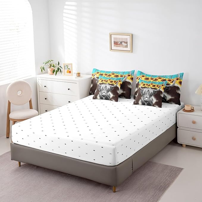 Erosebridal Highland Cow 7 Pcs Comforter Set King (Not Real) Cowhide Bed in a Bag Sunflower Floral Duvet Insert Cow Fur Flat Sheet Rustic Blue Wooden Barn Door Quilt Funny Farm Animals Bedding Set