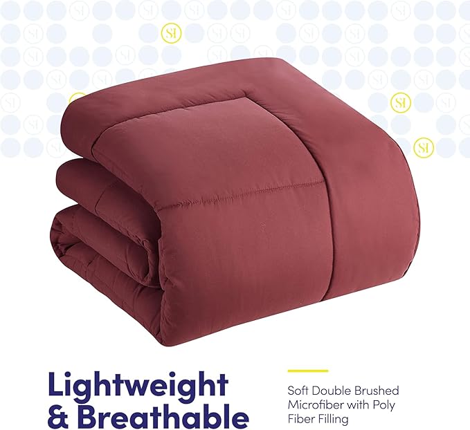 Sweet Home Collection 7 Piece Comforter Set Bag Solid Color All Season Soft Down Alternative Blanket & Luxurious Microfiber Bed Sheets, Burgundy, Twin XL