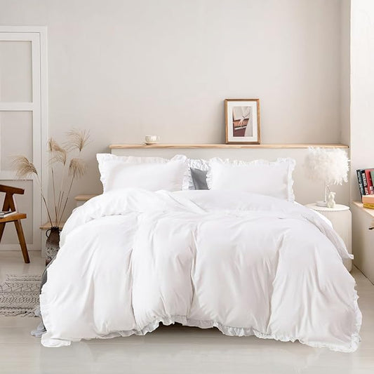 Luxlovery White Comforter Set King Ruffle Bedding Comforter Set Bohemain Shabby Chic Solid Cotton Blanket Quilts with Ruffle Tassels Fringe Vintage Rustic Bedding Set with Ruffles for King Bed