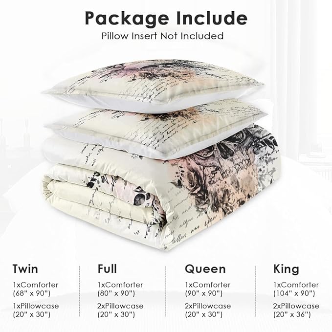 Full Size Comforter Set with 2 Pillowcases, Rock Goth 3 Pcs Bedding for Adults, Retro Gothic Soft Comforter Set for Bedroom Bed Decor