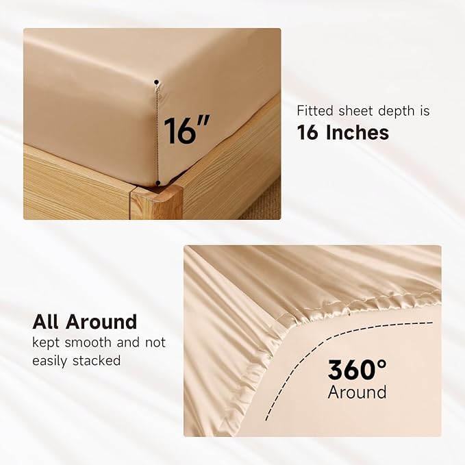 THXSILK Luxury Mulberry Silk Bed Sheets Set - 4pcs Silk Sheets Set 16" Deep Pocket - 1 Fitted Sheet, 1 Flat Sheet, 2 Pillowcases with Zipper Closure - Full, Champagne