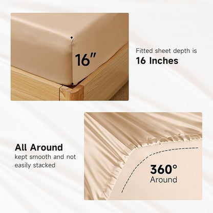 THXSILK Luxury Mulberry Silk Bed Sheets Set - 4pcs Silk Sheets Set 16" Deep Pocket - 1 Fitted Sheet, 1 Flat Sheet, 2 Pillowcases with Zipper Closure - Full, Champagne