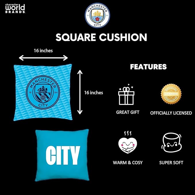 Character World Manchester City FC Official Blue Cushion, Super Soft Reversible 2 Sided, Soccer Club Crest Design, Perfect for Any Bedroom, Sofa or on The Bed 16 x 16 INCHES