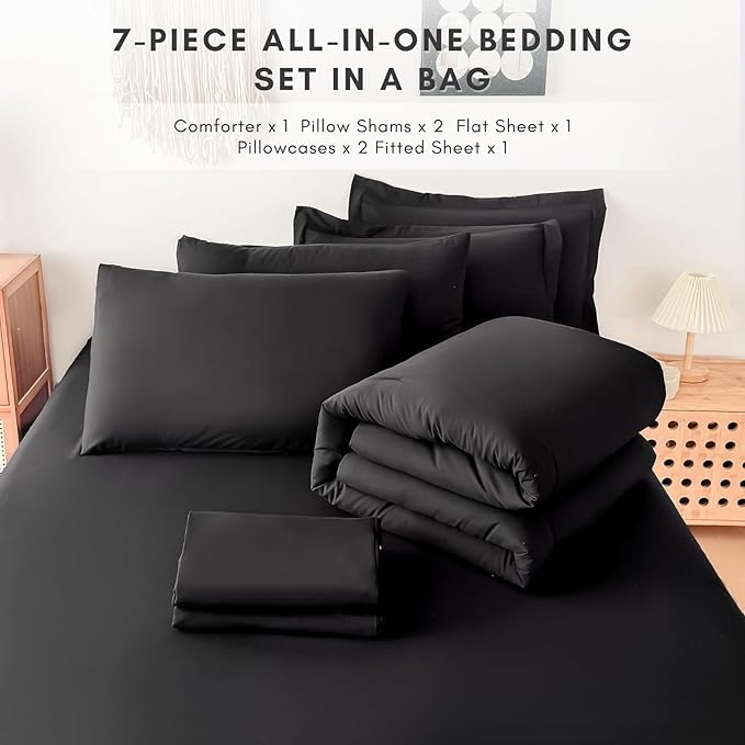 King Comforter Duvet Cover Set Black - 7-Piece Bed in a Bag, Festive Gift Double Brushed Micorfiber All-Season Soft Bedding with Sheets & Envelope Pillowcases(102"x90",King)
