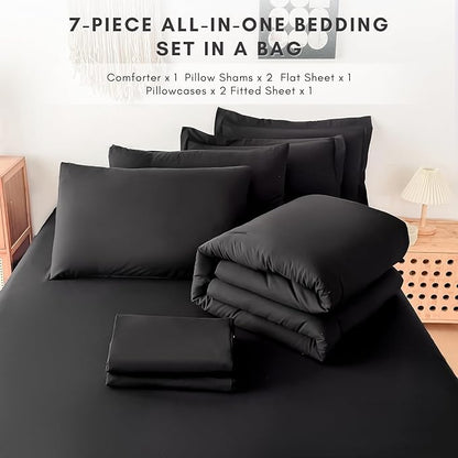 Twin/Twin XL Comforter Duvet Cover Set Black- 7-Piece Bed in a Bag, Double Brushed Micorfiber All-Season Soft Bedding with Sheets & Envelope Pillowcases (68"x88",Twin)
