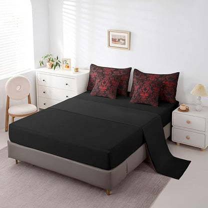 Erosebridal Gothic Damask 7 Piece Comforter Set Full Bed in a Bag,Butterfly Skull Bedding Sets Red Black Victorian Floral Goth Sheet Set with Comforter