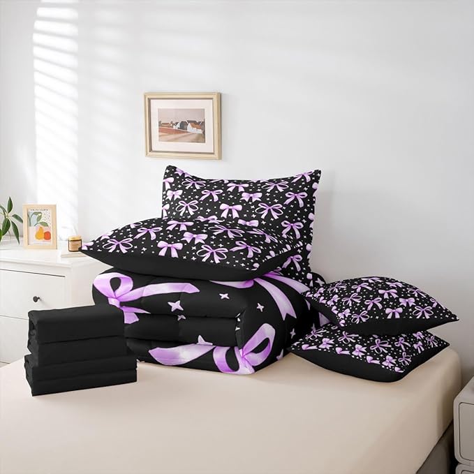 Erosebridal Kawaii Black Purple Cute Girls Bowknot 7 Piece Bedding Set Twin | Princess Comforter Set with Sheets Dreamy Y2K Bed in A Bag Bow Kids Bed Sets