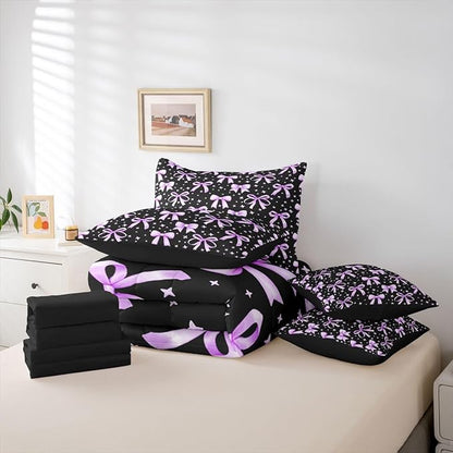 Erosebridal Kawaii Black Purple Cute Girls Bowknot 7 Piece Bedding Set Twin | Princess Comforter Set with Sheets Dreamy Y2K Bed in A Bag Bow Kids Bed Sets