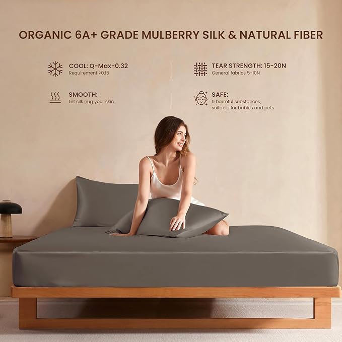 THXSILK Luxury Mulberry Silk Bed Sheets Set - 4pcs Silk Sheets Set 16" Deep Pocket - 1 Fitted Sheet, 1 Flat Sheet, 2 Pillowcases with Zipper Closure - Full, Charcoal
