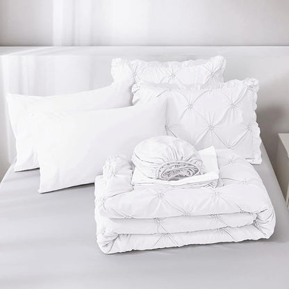 JOLLYVOGUE White Full Size Comforter Sets 7 Pieces, Pintuck Bed in a Bag Comforter Set for Bedroom, Bedding Comforter Sets with Comforter, Sheets,Ruffled Shams & Pillowcases