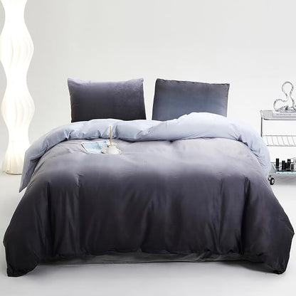 KAREVER Gray White Gradient Comforter Set King Gray Velvet Bedding Comforter Modern Plain White and Deep Gray Gradient Soft Quilt Farmhouse Flannel Comforter Warm King Bed Comforter