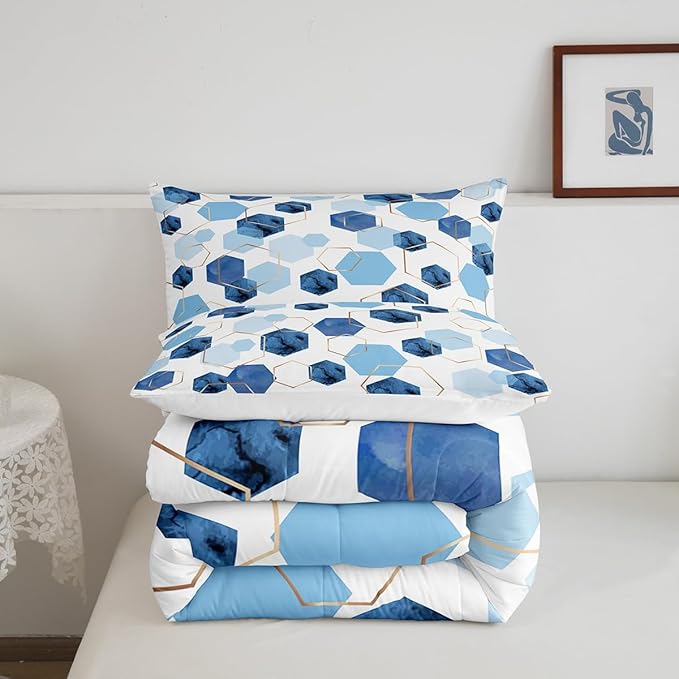 Erosebridal Hexagon Comforter Set King Navy Blue Bedding Set, Watercolor Honeycomb Bedding Comforter Sets Abstract Tie Dye Duvet Sets, Luxury Gold Hexagon Quilted Comforter Microfiber