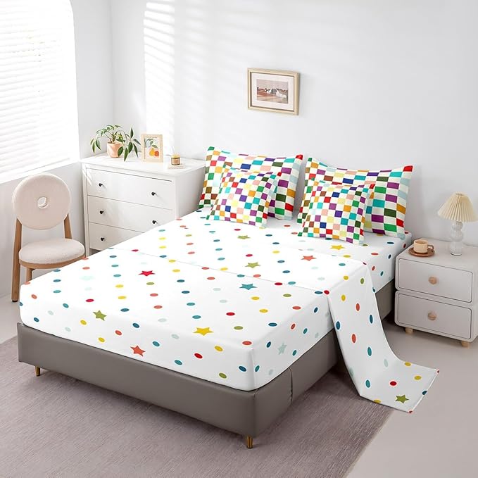 Feelyou Colorful Checkered Retro 7 Piece Bedding Set Kids Boys Girls Modern Geometric Cute Comforter Set with Sheets King Size Beige Colorful Bed in a Bag Vintage Simple Groovy Aesthetic Room Decor
