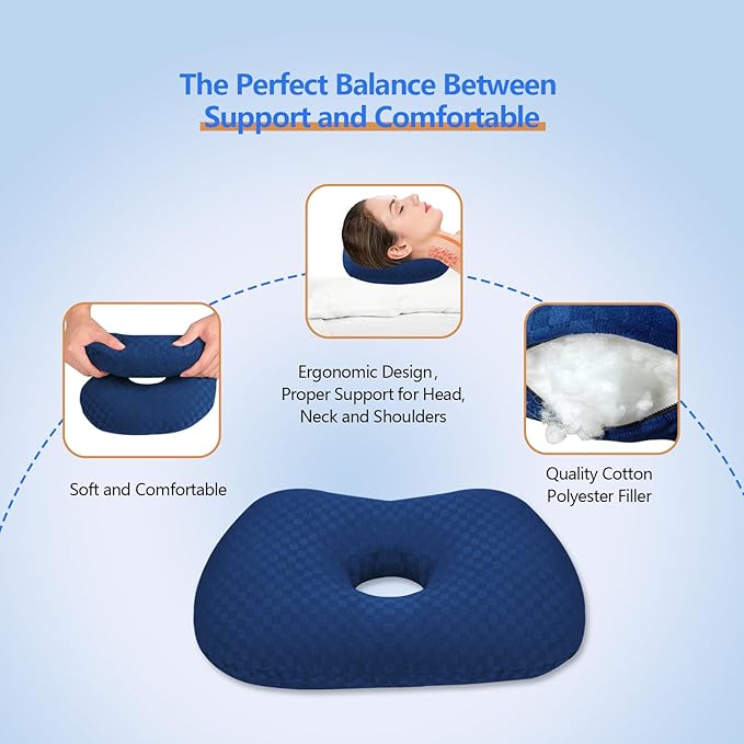 Ear Piercing Pillow for Side Sleepers, Pillow with an Ear Hole for CNH and Ear Pain Ear Inflammation Pressure Sores (Blue, 17.3"x12.6"x2")