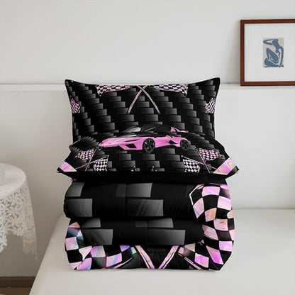 jejeloiu Pink Race Car Bedding Set Toddle Size Extreme Sports Comforter Set for Kids Teens Adult Fast and Furious Duvet Set Dazzling Flag Quilt Set 2Pcs