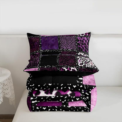 Erosebridal Pink Leopard Print Queen Comforter Set for Kids Teens Adults,Animal Skin Texture Bedding Set,Patchwork Geometric Duvet Insert,Farmhouse Bed Set for All Season
