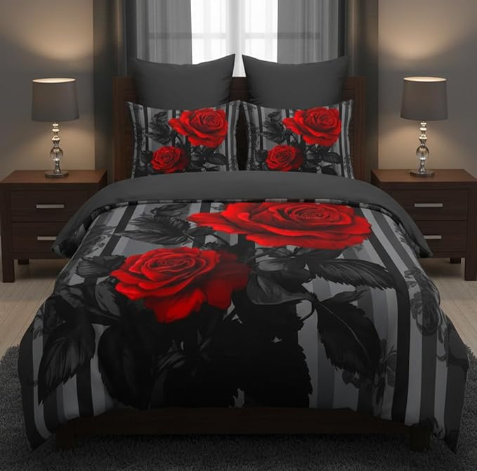 Grey Stripe Comforter Black Red Roses Bedding Set Queen Size for Women Romantic Botanical Leaves Quilted Comforter for Bedroom Decor - 3Piece Soft Fluffy Microfiber with 2 Pillowcases