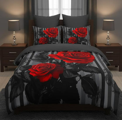 Grey Stripe Comforter Black Red Roses Bedding Set Queen Size for Women Romantic Botanical Leaves Quilted Comforter for Bedroom Decor - 3Piece Soft Fluffy Microfiber with 2 Pillowcases