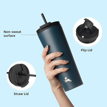 34 OZ Insulated Tumbler with Lid and 2 Straws Stainless Steel Water Bottle Vacuum Travel Mug Coffee Cup,Navy blue