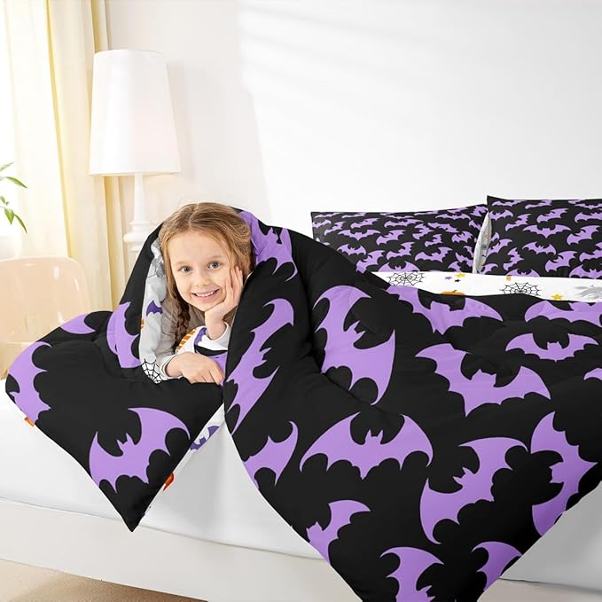 Erosebridal Purple Bat Toddler Comforter Halloween Bat Bedding Set Spooky Goth Gothic Animal Duvet Insert Horror Halloween Bed Sets for Kids Teens Adults