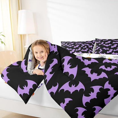 Erosebridal Purple Bat Toddler Comforter Halloween Bat Bedding Set Spooky Goth Gothic Animal Duvet Insert Horror Halloween Bed Sets for Kids Teens Adults