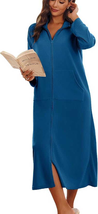 Ekouaer Women Zipper Robe Long Sleeves House Coat Soft Bathrobe Sleepwear with Pockets Housecoat Loungewear