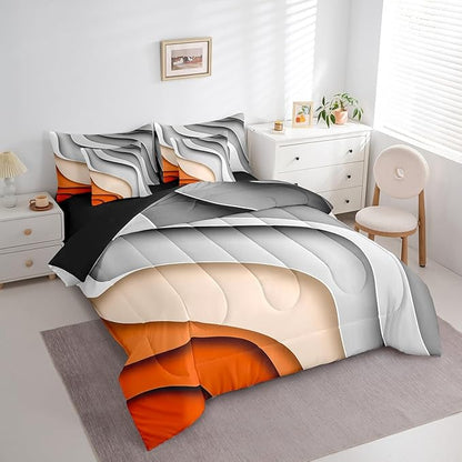 Grey Orange Gradient Bedding Comforter Sets 7pcs Kids Teens Adults Geometric Stripe Bed in a Bag, Aesthetic Wave Twin Bedding Sets Modern Abstract Comforter Set, Ombre Bedding Sets & Collections