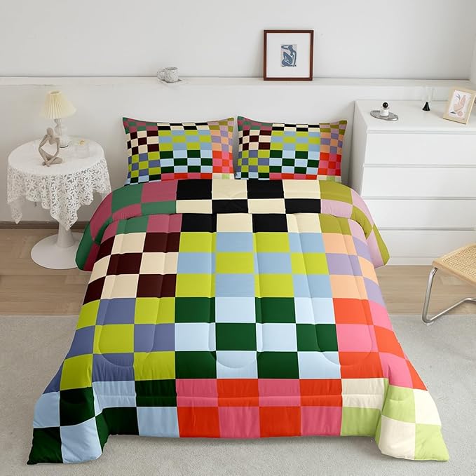 Feelyou Multicolored Checkered Retro Bedding Set Kids Boys Girls Geometric Vintage Comforter Set Twin Size Green Red Yellow Colorful Duvet Insert Modern Simple Groovy Aesthetic Room Decor