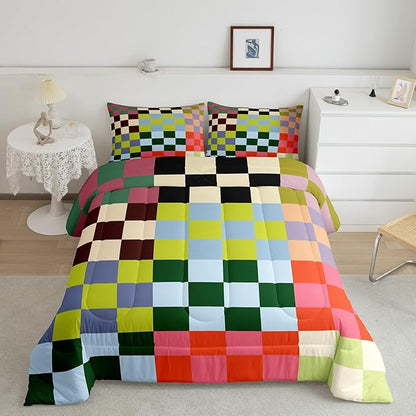 Feelyou Multicolored Checkered Retro Bedding Set Kids Boys Girls Geometric Vintage Comforter Set Twin Size Green Red Yellow Colorful Duvet Insert Modern Simple Groovy Aesthetic Room Decor