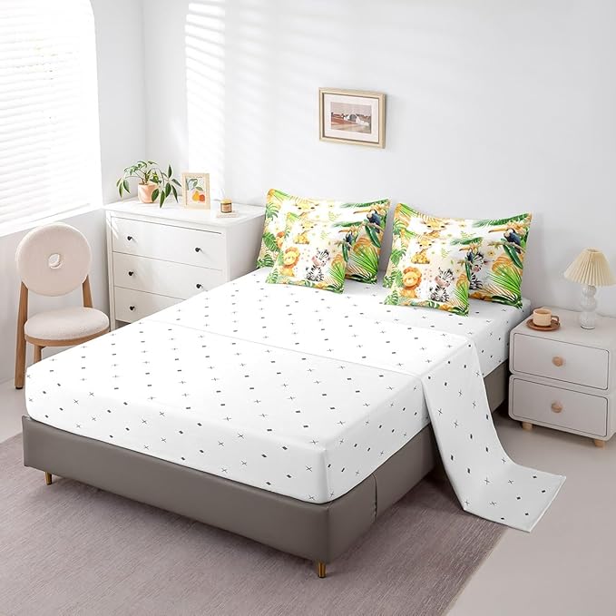 jejeloiu Kids Zoo Animal 7 Piece Bedding Set Full Size Cute Animal Comforter Set with Sheets for Boys Girls Teens Lion Giraffe Elephant Bed in a Bag Tropical Leaves Bed Set