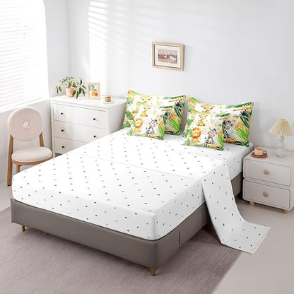 jejeloiu Kids Zoo Animal 7 Piece Bedding Set Full Size Cute Animal Comforter Set with Sheets for Boys Girls Teens Lion Giraffe Elephant Bed in a Bag Tropical Leaves Bed Set