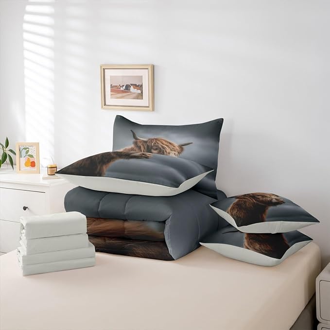 Erosebridal Highland Cow Comforter Sets with Sheets, Brown Cattle Bedding Set Full for Boys Girls Nature Wild Animal 7Pcs Bed in A Bag Rustic Wildlife Bed Set