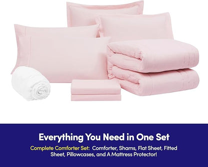 Queen Comforter Set Quilted Stripe Bedding Bundle – Stylish Set with Comforter, Mattress Protector, Sheet Set & Pillow Shams — Sophisticated Striped Design for Home & Guest Rooms, Pale Pink