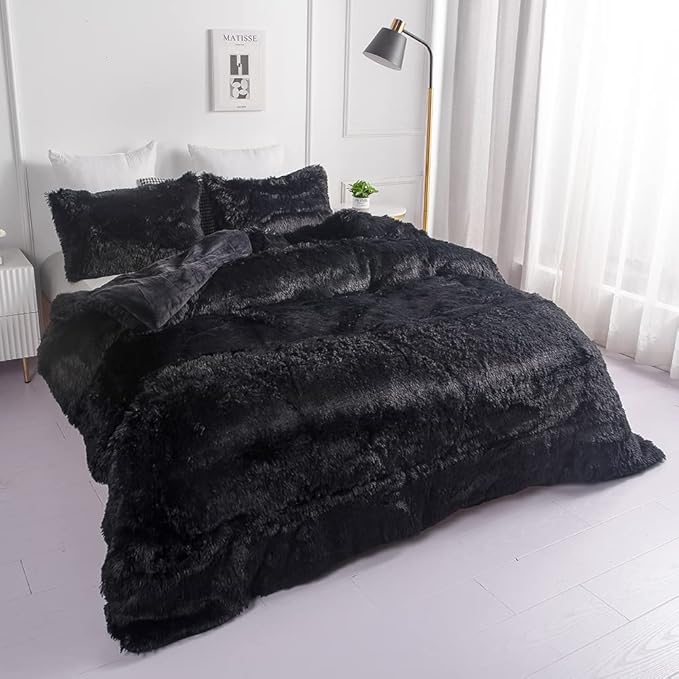 chovy Faux Fur Plush Black Comforter Sets Twin/Full Size - Ultra Soft Shaggy Flannel Velvet Fluffy Fuzzy 3PC Bedding Set （Comforter x 1 Pillowcases x 2）