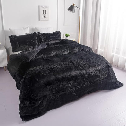 chovy Faux Fur Plush Black Comforter Sets Twin/Full Size - Ultra Soft Shaggy Flannel Velvet Fluffy Fuzzy 3PC Bedding Set （Comforter x 1 Pillowcases x 2）