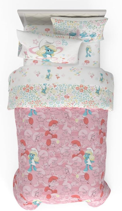 The Smurfs Smurfette Twin Bedding Set – 5 Piece Kids Super Soft Microfiber Reversible Comforter & Sheet Set - Pink, (Officially Licensed Product) by Franco