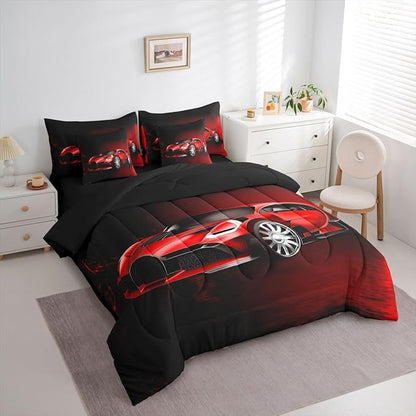 Feelyou Sports Car 7 Piece Bedding Set Red Race Car Comforter Set with Sheets for Kids Boys Girls Extreme Sports Theme Bed in a Bag Cool Speed Luxury Car Decor Bed Set with 1 Pillowcase Twin