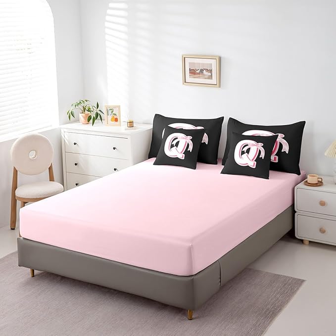jejeloiu Kawaii Pink Bow King Comforter Set with Sheets,Gifts for Women Teen Girl,Personalized Initial Letter 7 Piece Bedding Set,Soft Monogrammed Bed in a Bag with Comforter,Sheets,Pillowcases